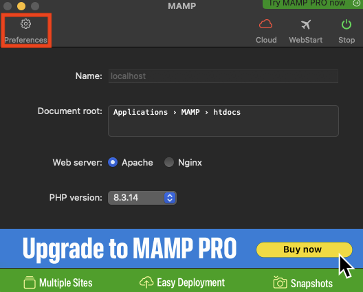 MAMP起動画面